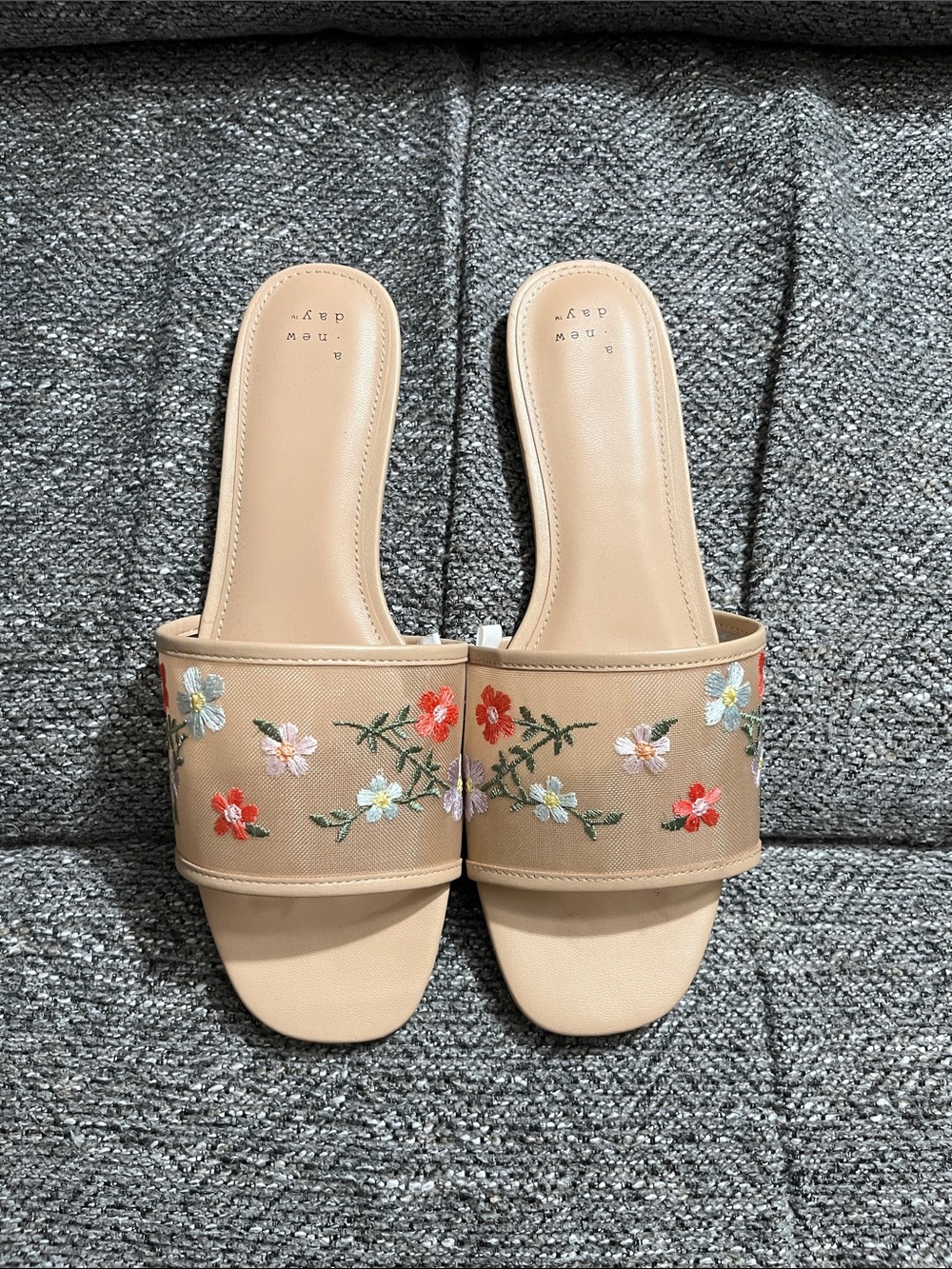 A new day Beige Floral Embroidered Slide Sandals